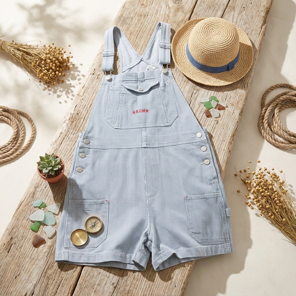 Vintage 90s B.U.M. Equipment Striped Denim Overalls Shorts Shortalls Sz Medium